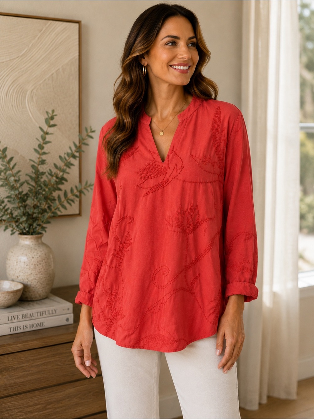 Soft Surroundings 1X Coral Lyocell Embroidered Tunic Boho Peasant Top L/S